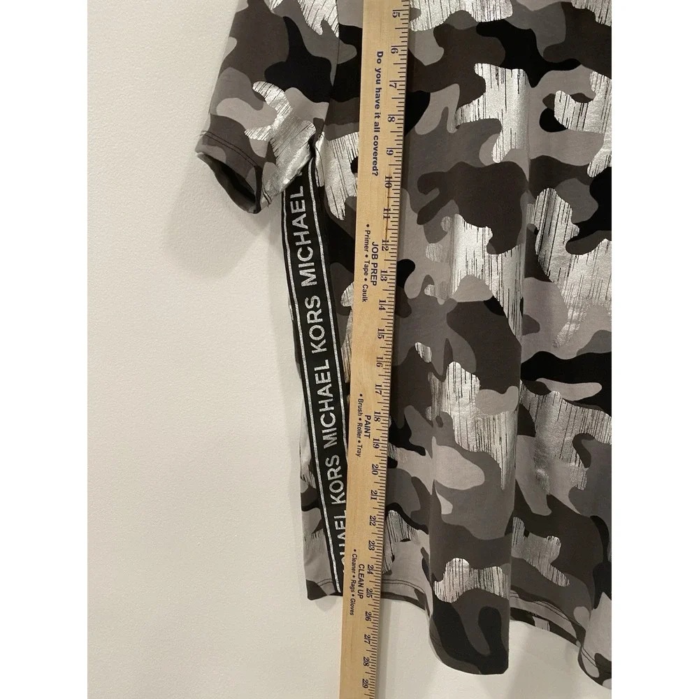 Michael Kors Womens T-Shirt P/S Black Silver Camo Foil‎ Logo Tee Top Street Glam